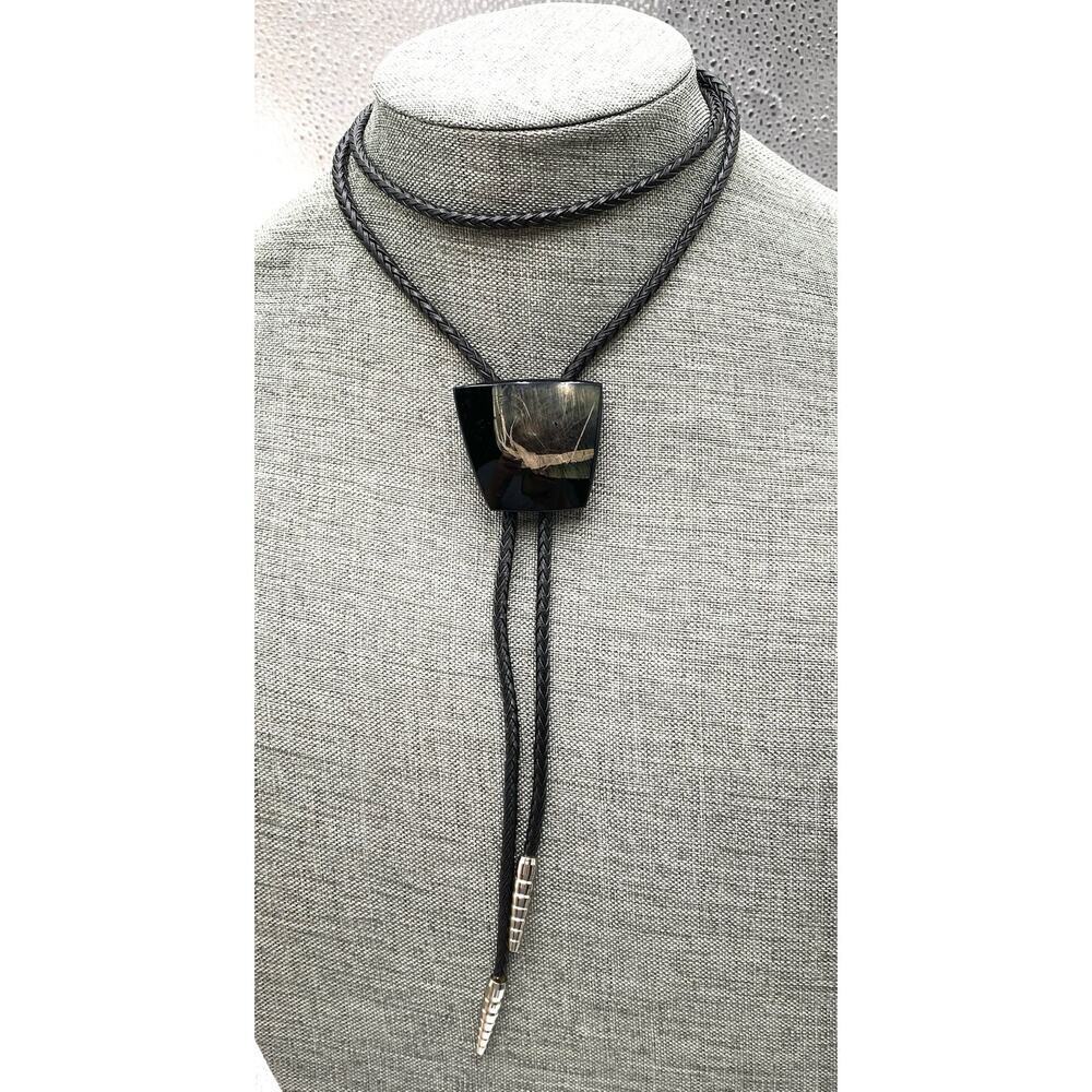 BOLO Black Lather/Faux Lathers? Glass/Stone? Pained Art Necklace Western